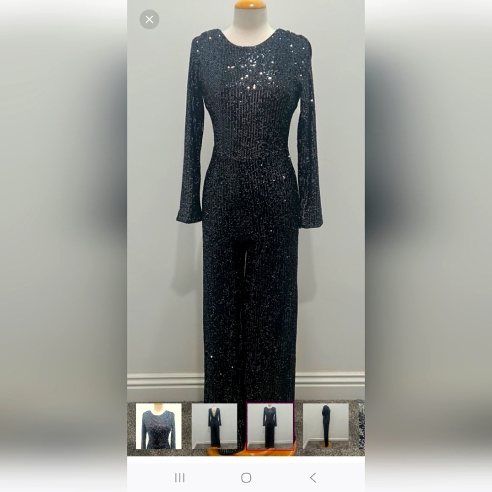 BLACK SEQUIN JUMPSUIT, SIZE LARGE, FULLY LINED,DRAPED BACK,